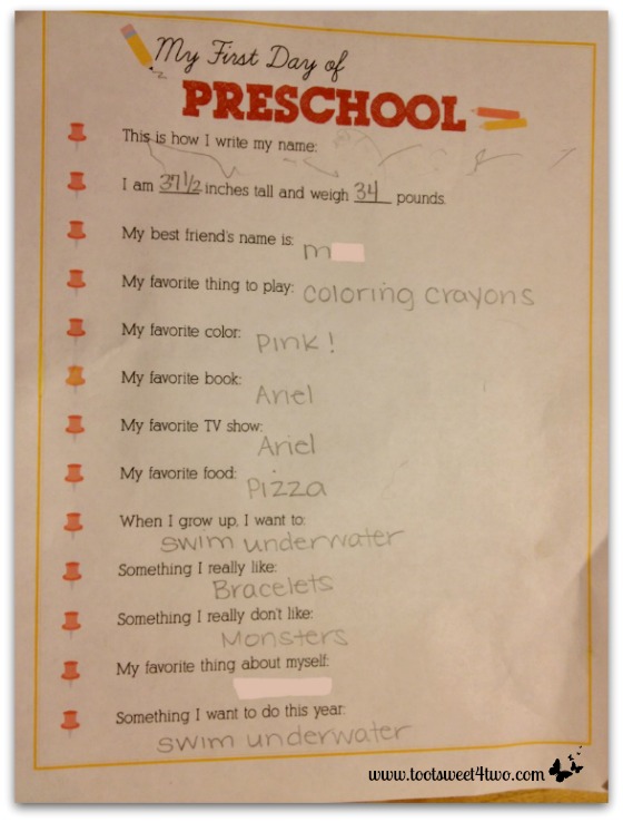 First Day of Preschool questionnaire