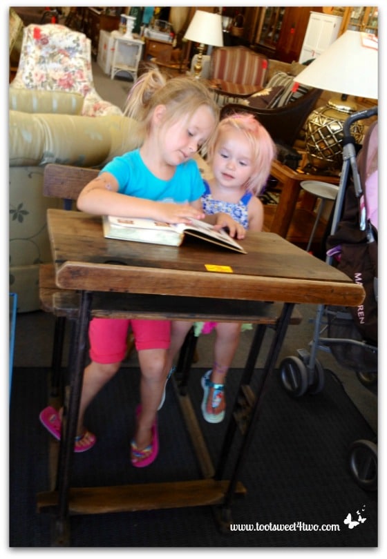 Princess P and Princess Sweetie Pie enjoying an old school desk - The Accidental Picker