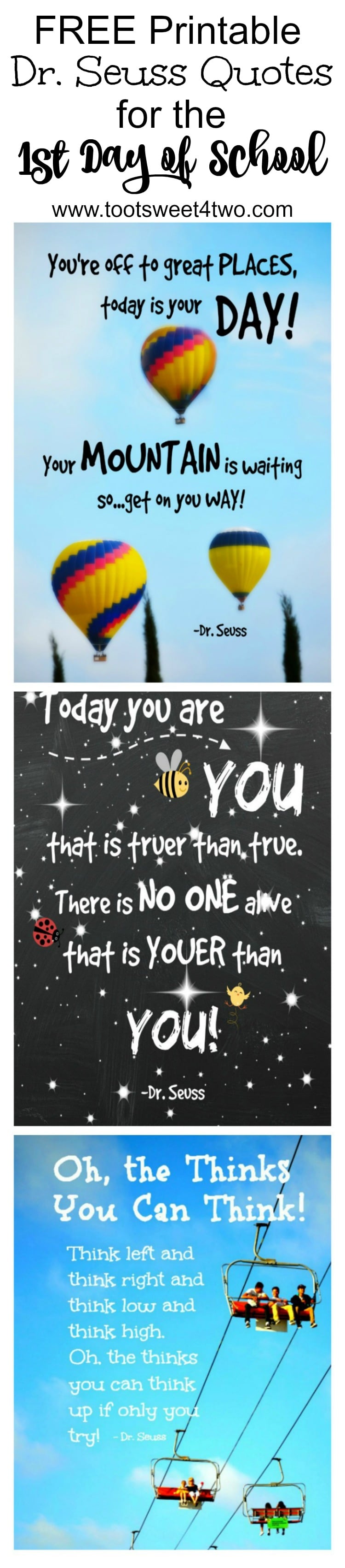 The "first" of anything is a life-affirming experience. And, the first day of school will never come again. As a mother or father with a child ready to embark on this rite of passage, prepare ahead so you will savor the moment. Get this FREE printable quote and others, suitable for framing and sharing on social media at www.tootsweet4two.com.