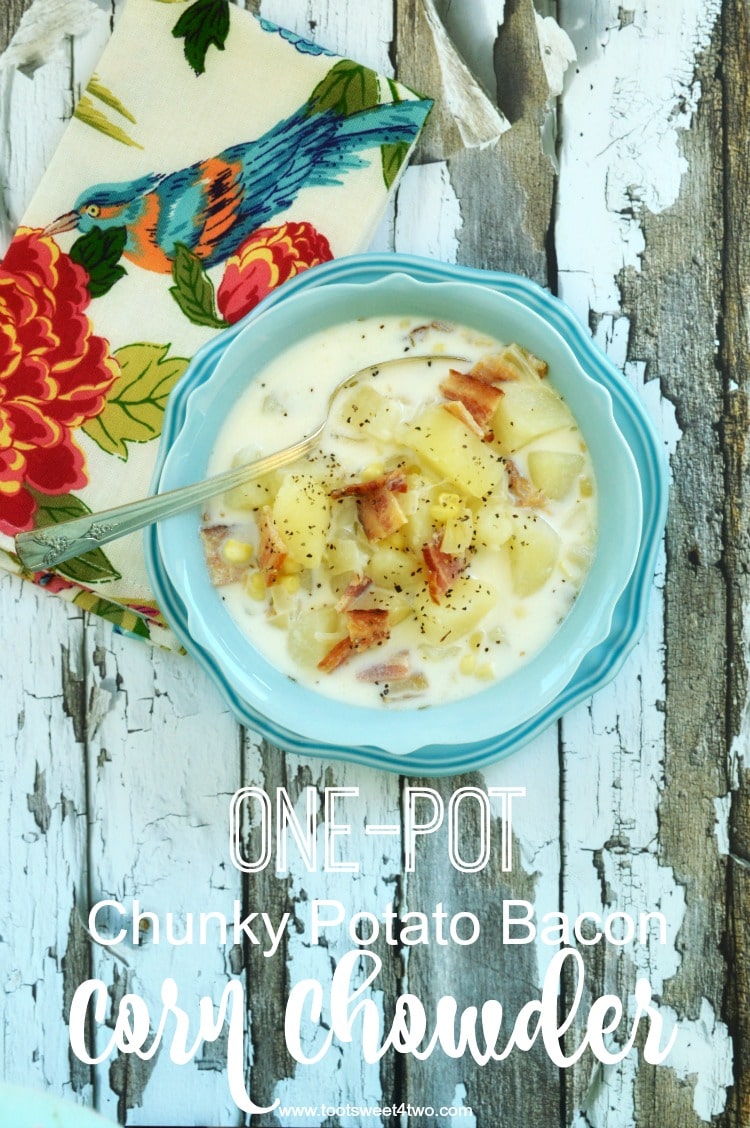 Chunky potatoes, savory bacon and sweet corn combine in this near-perfect one-pot soup recipe! Creamy and delicious, One-Pot Potato Bacon Corn Chowder is easy to make and sure to please even the pickiest eater in your family! Made in one pot, clean-up is easy, too! | www.tootsweet4two.com