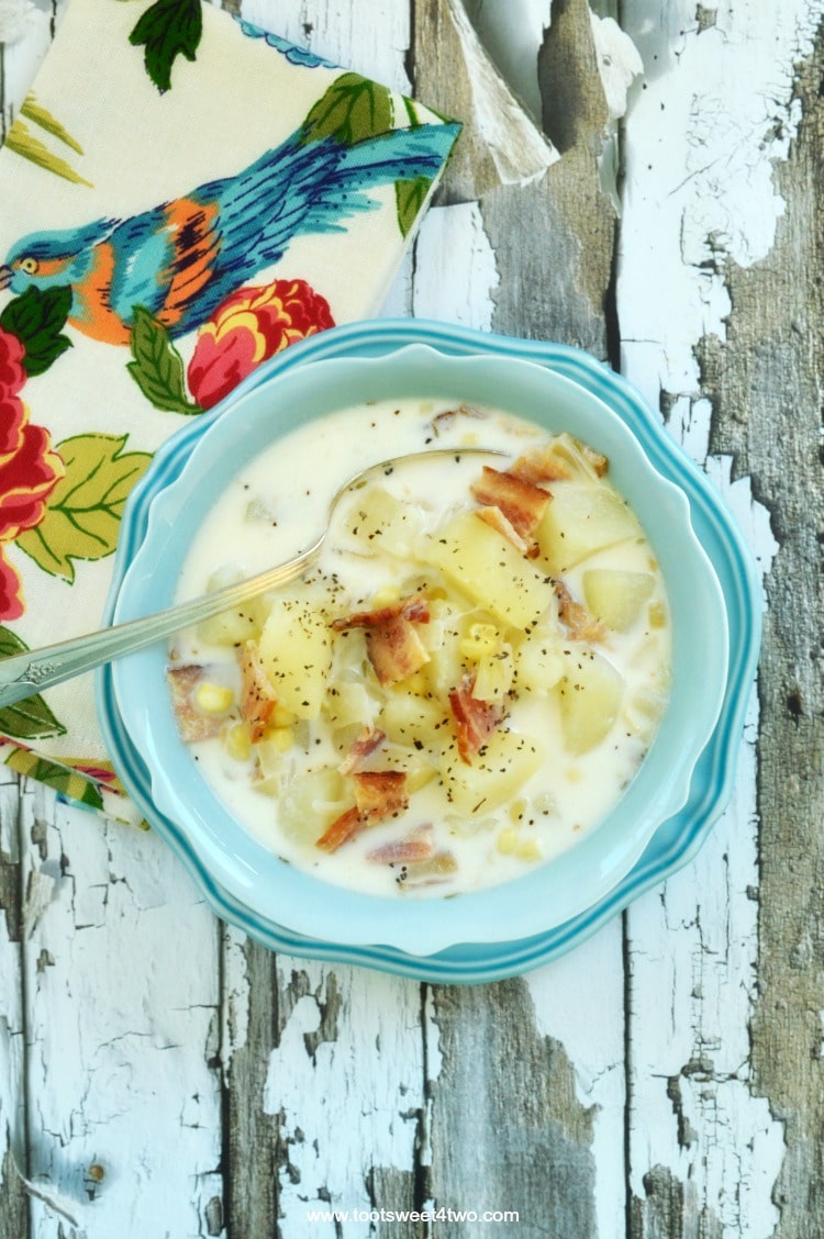 Chunky potatoes, savory bacon and sweet corn combine in this near-perfect one-pot soup recipe. Creamy and delicious, One-Pot Chunky Potato Bacon Corn Chowder is easy to make and sure to please even the pickiest eater in your family! Made in one-pot, clean-up is easy, too! | www.tootsweet4two.com