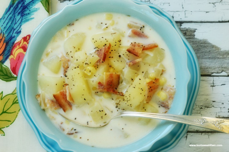 Chunky potatoes, savory bacon and sweet corn combine in this near-perfect one-pot recipe! Creamy and delicious, One-Pot Chunky Potato Bacon Corn Chowder is easy to make and sure to please even the pickiest eater in your family! Made in one pot, clean-up is easy, too! | www.tootsweet4two.com