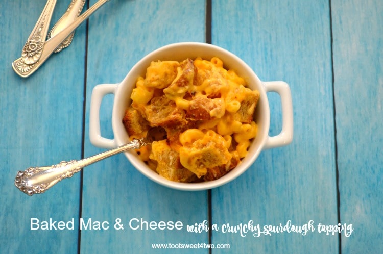 A serving of Baked Mac & Cheese with a Crunchy Sourdough Topping.