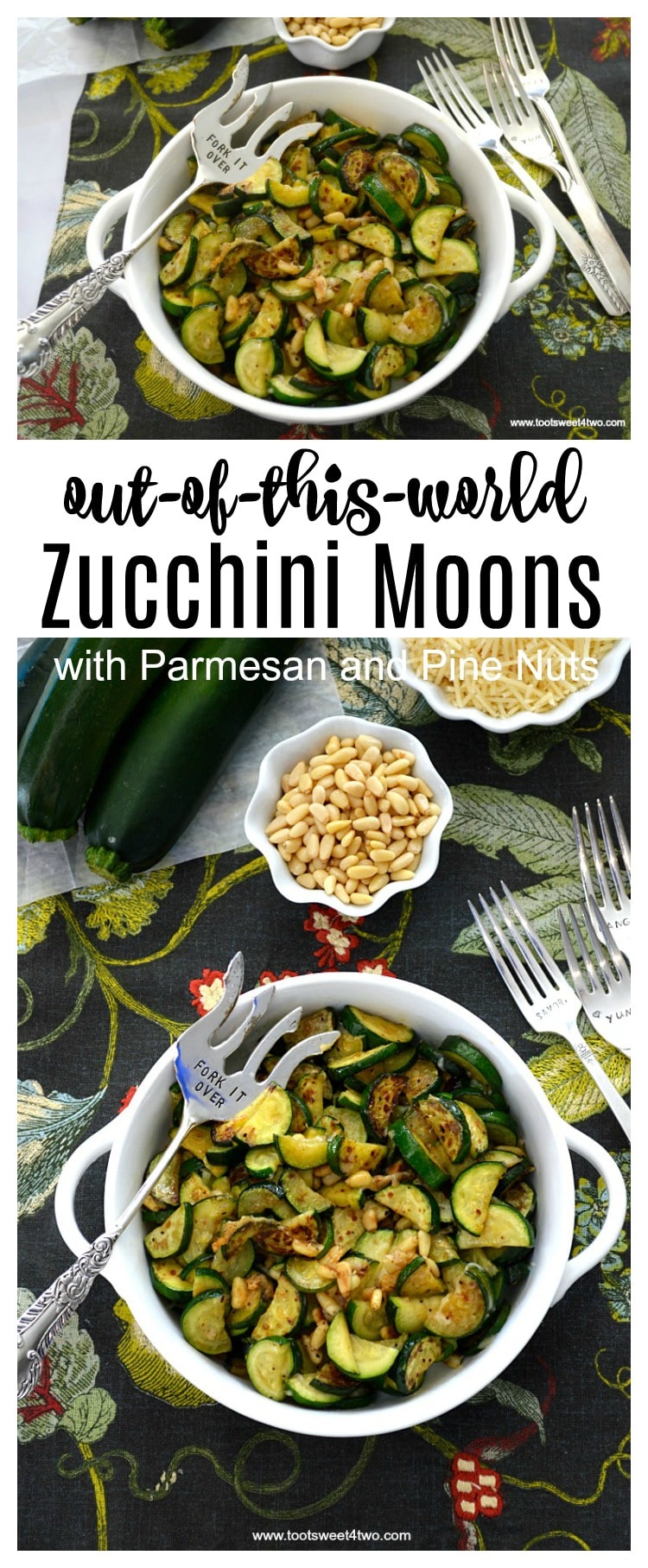 Zucchini cut into moons sauteed with Parmesan and pine nuts - one of the best zucchini recipes!