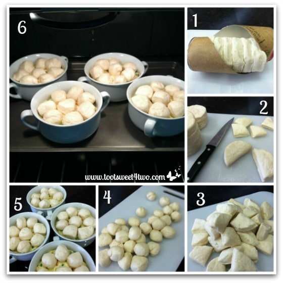 Adding the biscuits to Turkey Pull-Apart Pot Pie
