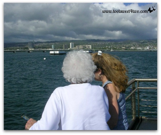 Mom and Gail on the boat to the Pearl Harbor Memorial