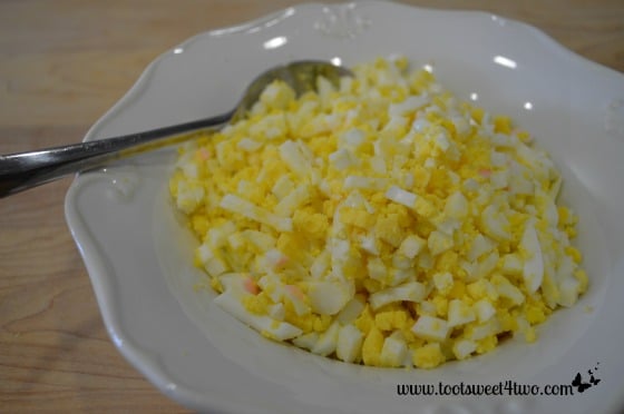 Chopped hard-boiled eggs in bowl