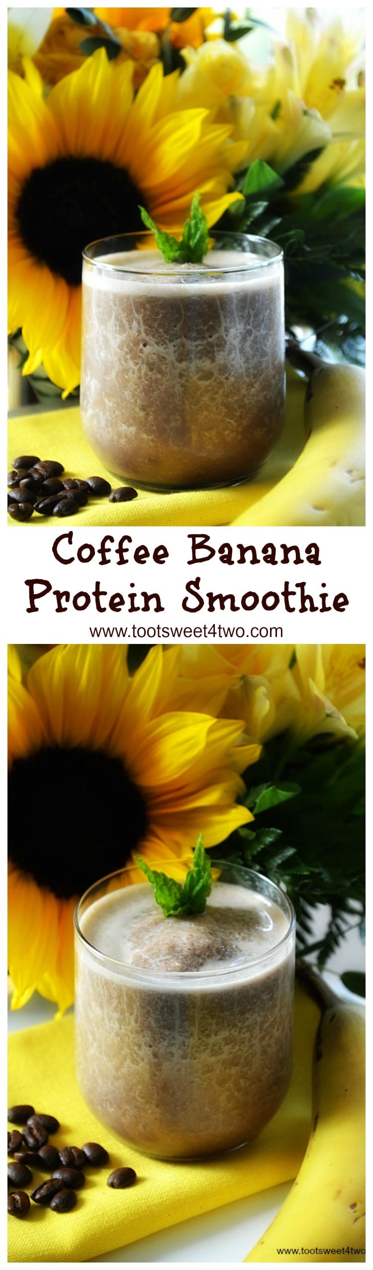Coffee Banana Protein Smoothie - an easy, delicious and healthy way to start your morning. Coffee, whey protein powder and two more surprise ingredients supply the energy and a serving of fruit, a frozen banana, makes it the perfect blender breakfast. Whether you are watching calories for weight loss or just need a quick breakfast with extra protein, this recipe delivers. | www.tootsweet4two.com