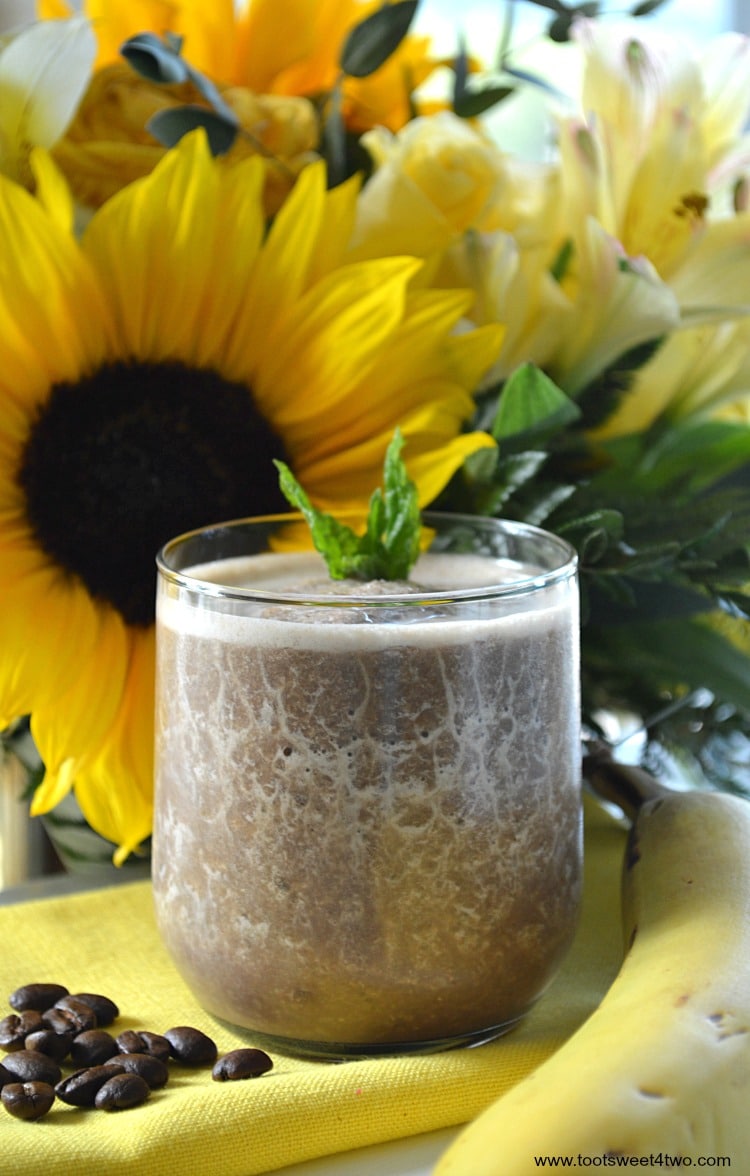 Coffee Banana Protein Smoothie - an easy, delicious and healthy way to start your morning! Coffee and whey protein powder supply the energy and a serving of fruit, a frozen banana, makes it the perfect blender breakfast. Whether you are watching calories for weight loss or just need a quick breakfast with extra protein, this recipe delivers! | www.tootsweet4two.com