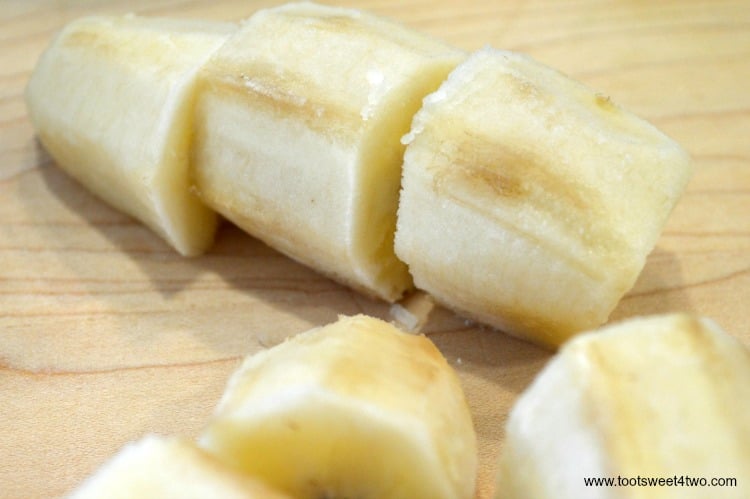 Frozen Banana Chunks for Coffee Banana Protein Smoothie - an easy, delicious and healthy way to start your morning. Coffee and whey protein powder supply the energy and a serving of fruit, a frozen banana, makes it the perfect blender breakfast. Whether you are watching calories for weight loss or just need a quick breakfast with extra protein, this recipe delivers. | www.tootsweet4two.com