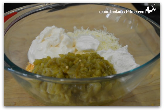 Diced green chilies, mayonnaise, Greek yogurt in mixing bowl - Jalapeno Popper Dip