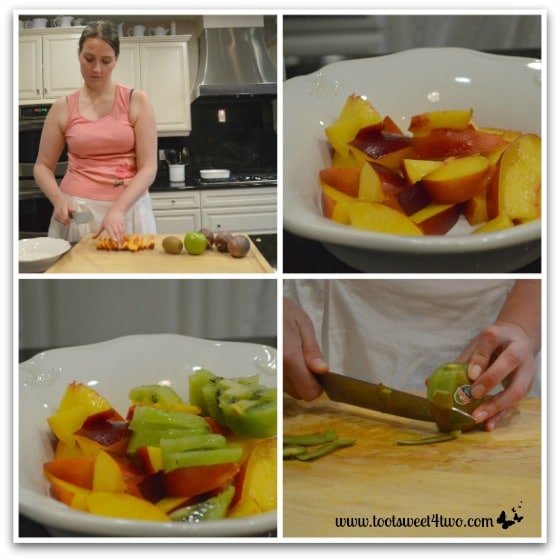 Vanessa preparing nectarine and kiwi for Vanessa's Pavlova