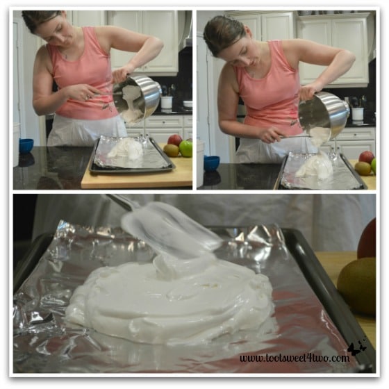 Vanessa scraping the meringue onto a baking sheet