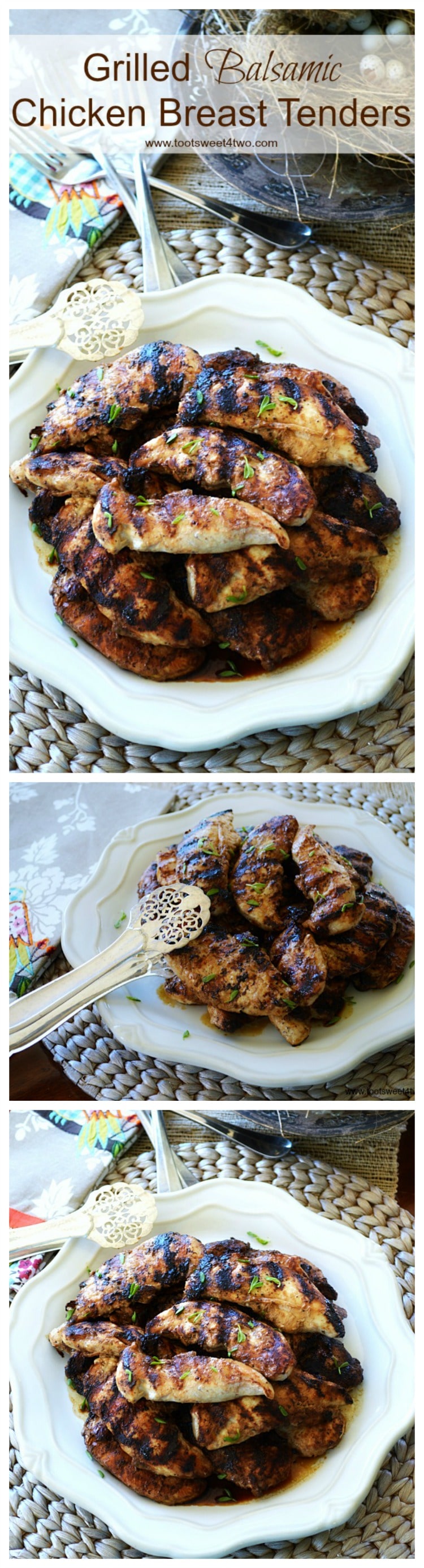 Grilled Balsamic Chicken Breast Tenders are so ridiculously easy to make and delicious! This super simple recipe is a quick and healthy alternative to a fast food dinner any night of the week. Make a batch and keep them in the refrigerator for an instant meal or an easy sandwich or add them to a salad. | www.tootsweet4two.com.