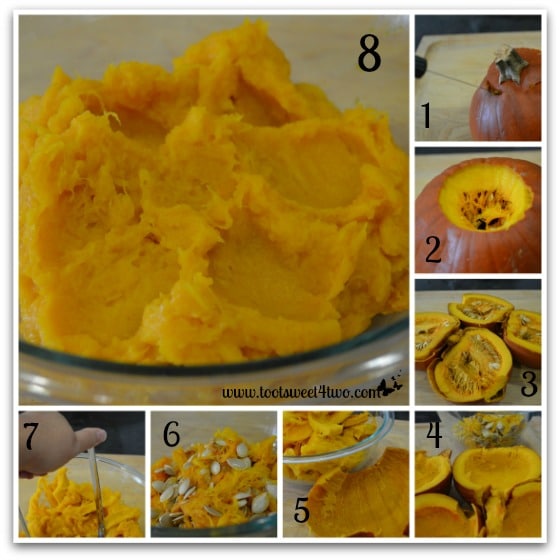 Scooping and mashing pumpkin pulp