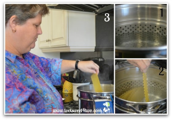 Adding lasagna noodles to boiling water for Kathy's 16-Layer Lasagna