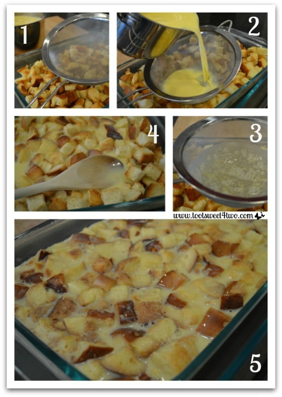 Adding the custard to the White Chocolate Bread Pudding