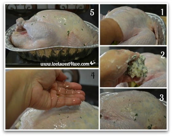 Buttering the turkey with Parsley, Sage, Rosemary and Thyme Butter