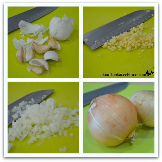 Chopping garlic and onion for Sita's Curry Chicken