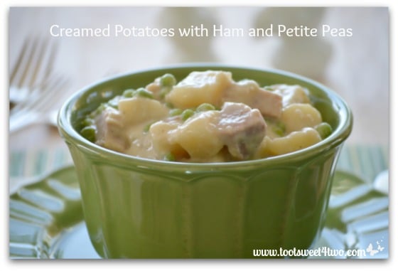 Creamed Potatoes with Ham and Petite Peas close-up