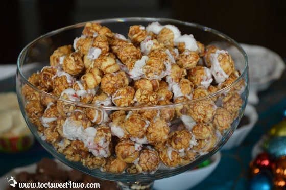 Peppermint caramel corn in a footed dish