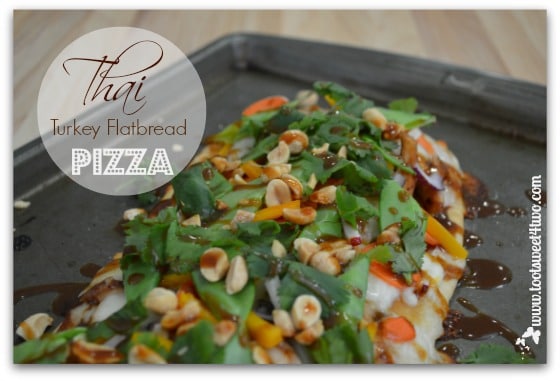 Thai Turkey Flatbread Pizza on baking sheet - close-up