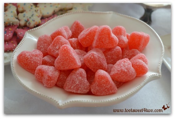 Heart-shaped gummy candies in a Mud Pie bowl