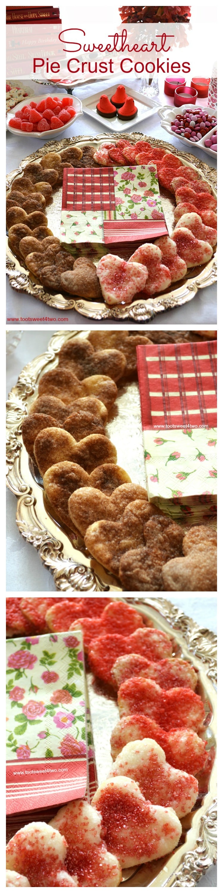 Heart-shaped pie crust cookies made with store-bought dough sprinkled lavishly with sugar and sprinkles.