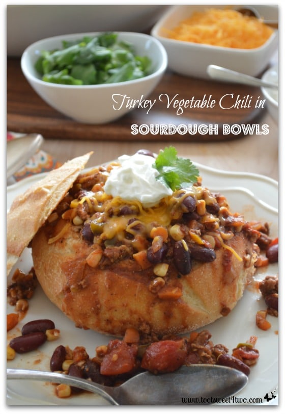Turkey Vegetable Chili in Sourdough Bowls Pinterest close-up