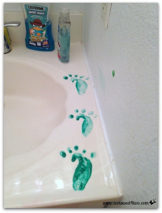Leprechaun footprints on the Princesses P's bathroom sink