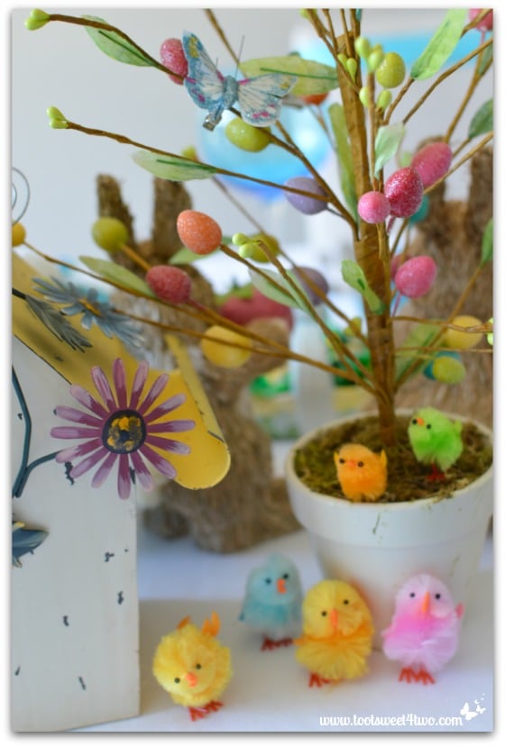 Easter Egg Tree and chennille chicks - Decorationg the Table for an Easter Celebration
