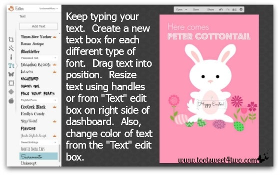 Here Comes Peter Cottontail tutorial - Step 9 - Edit text in PicMonkey