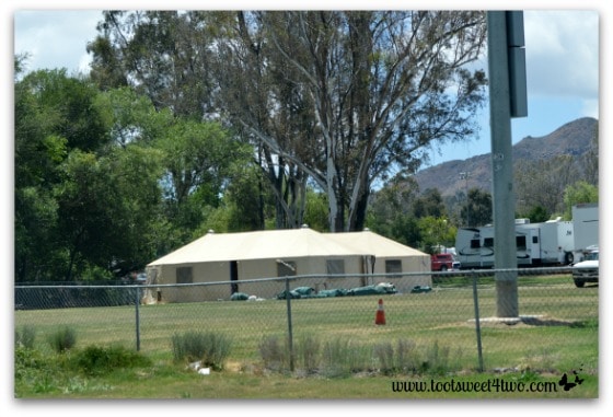Close-up of tent in Tent City at Kit Carson Park, Escondido - Alert are you Ready