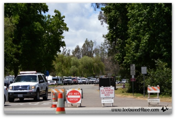 Entrance to Kit Carson Park, Escondido filled with fire service vehicles - Alert are you Ready