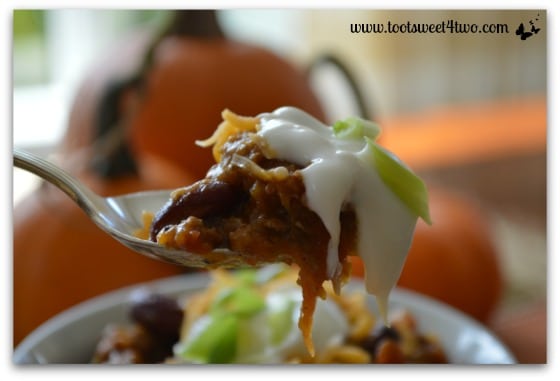 Harvest Pumpkin Chili close-up on spoon - The Chew