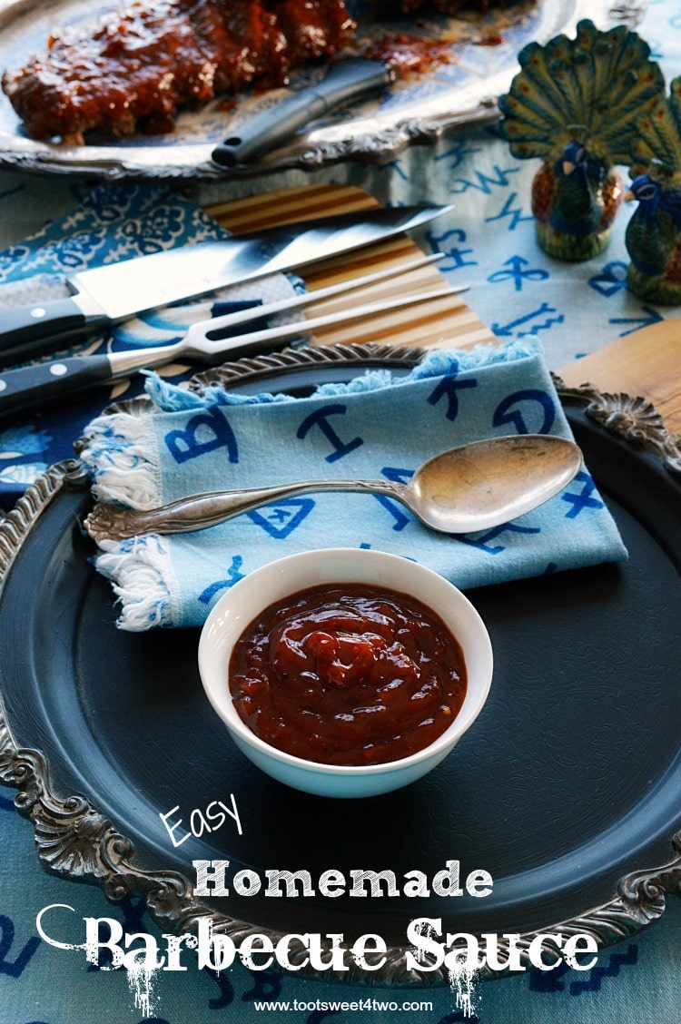 Has this ever happened to you? You defrost something that you want to slather with barbecue sauce, confident that you have barbecue sauce in the refrigerator or pantry, only to find out don't when it's time to fix dinner? What do you do? You make Easy Homemade Barbecue Sauce! This DIY BBQ recipe is ketchup based with several spices and 2 surprise ingredients. All these flavors meld together to make the best BBQ sauce for ribs, chicken, and other grill favorites. | www.tootsweet4two.com