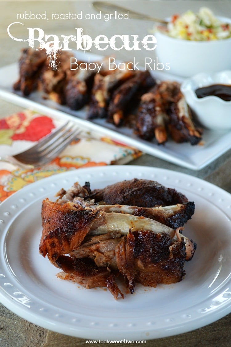 The trifecta of cooking the best baby back ribs, with this recipe you rub, roast, grill on the barbecue, pork ribs to perfection! Fall-off-the-bone deliciousness, this BBQ ribs recipe delivers all the sticky goodness of ribs on the grill, but less time standing over the hot grill and babysitting them! Roast the ribs in the oven first and finish the ribs on the grill. | www.tootsweet4two.com