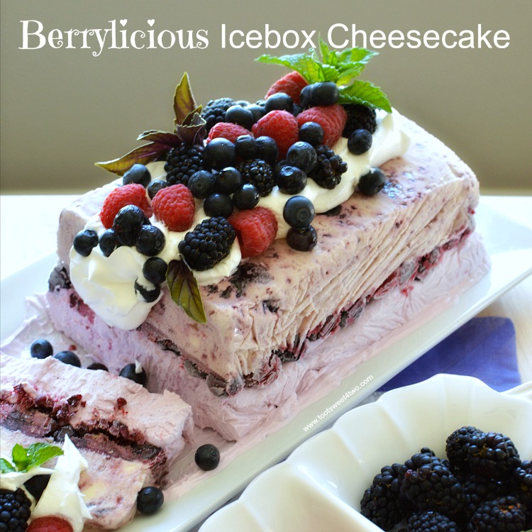Looking for unique cheesecake recipes? Look no further! Berrylicious Ice Box Cheesecake is an easy, frozen, no bake dessert that combines an easy-to-make blackberry cheesecake layer with a layer of ice cream. Frozen for hours or overnight, unmold this luscious concoction onto a pretty platter, dollop with Cool Whip and then top with fresh blackberries, blueberries, raspberries and sprigs of mint. A spectacular-looking dessert, this delicious recipe will "wow" friends and family. | www.tootsweet4two.com