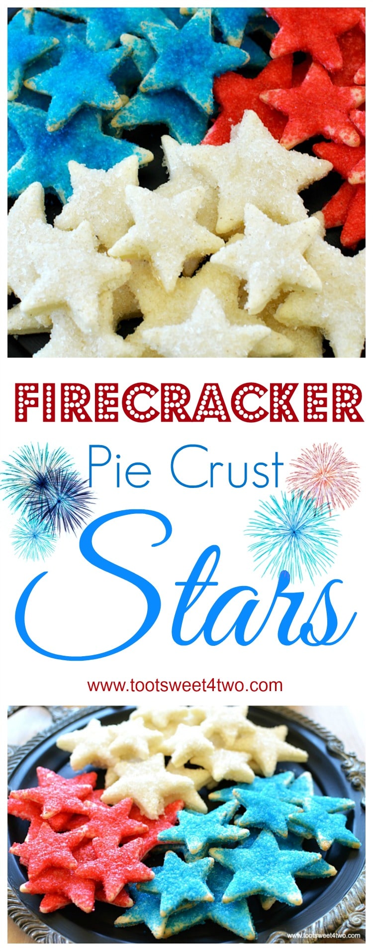 Firecracker Pie Crust Stars - made with store-bought pre-made pie crust dough cut-out with various star-shaped cookie cutters, slathered with butter then liberally sprinkled with colored sugar and baked, these cookies are the perfect sweet/salty combo that's so addicting! Get this easy and festive 4th of July Patriotic party recipe at www.tootsweet4two.com.