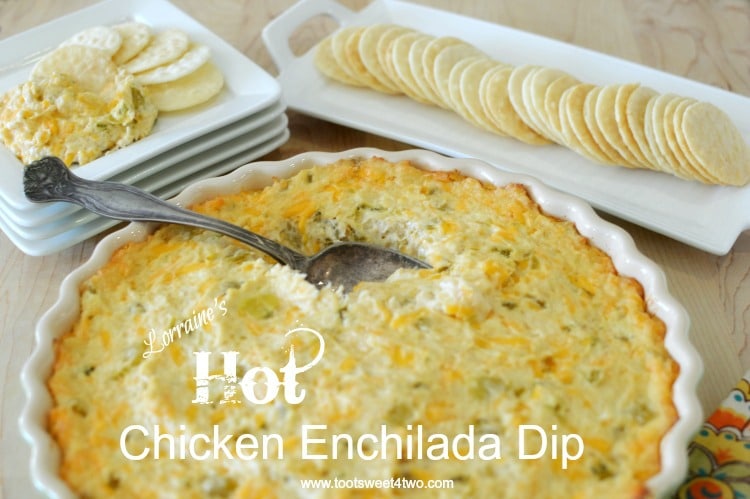 Looking for great dip recipes that are hot, easy, yummy and delicious? Look no further! Lorraine's Hot Chicken Enchilada Dip is one of those dip recipes that's gone in a flash! Guaranteed! Creamy and cheesy with a slight piquant bite from the green chilies and jalapeno, this Mexican-inspired appetizer dip is a keeper! One of the most popular dip recipes on my blog, this hot and cheesy chicken enchilada dip is also one of the best dips for parties because it is so incredibly easy to make. Made with (gasp!) canned chicken, it requires no pre-cooking time until you pop it in the oven to heat through until bubbly. Traditionally served with tortilla chips, this dish makes a great cracker dip, too! | www.tootsweet4two.com