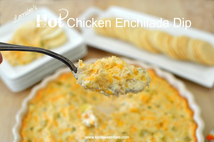 Looking for great dip recipes that are hot, easy, yummy and delicious? Look no further! Lorraine's Hot Chicken Enchilada Dip is one of those dip recipes that's gone in a flash! Guaranteed! Creamy and cheesy with a slight piquant bite from the green chilies and jalapeno, this Mexican-inspired appetizer dip is a keeper! One of the most popular dip recipes on my blog, this hot and cheesy chicken enchilada dip is also one of the best dips for parties because it is so incredibly easy to make. Made with (gasp!) canned chicken, it requires no pre-cooking time until you pop it in the oven to heat through until bubbly. Traditionally served with tortilla chips, this dish makes a great cracker dip, too! | www.tootsweet4two.com