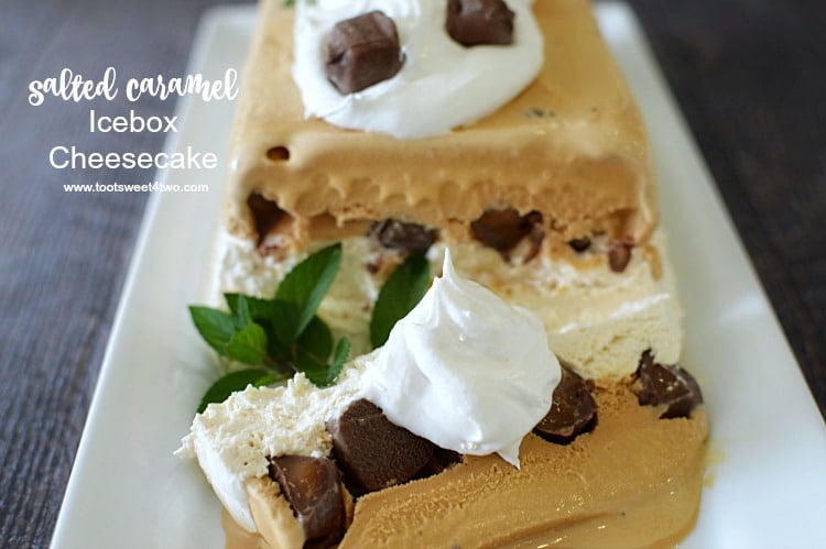 Looking for unique cheesecake recipes? Look no further! Salted Caramel Icebox Cheesecake is an easy, frozen, no bake dessert that combines an easy-to-make cheesecake layer topped with Milky Way Bites and then layered with salted caramel gelato. Frozen for hours or overnight, unmold this luscious concoction onto a pretty platter and then top with dollops of Cool Whip and more candy. A spectacular-looking dessert, this delicious recipe will "wow" friends and family. | www.tootsweet4two.com