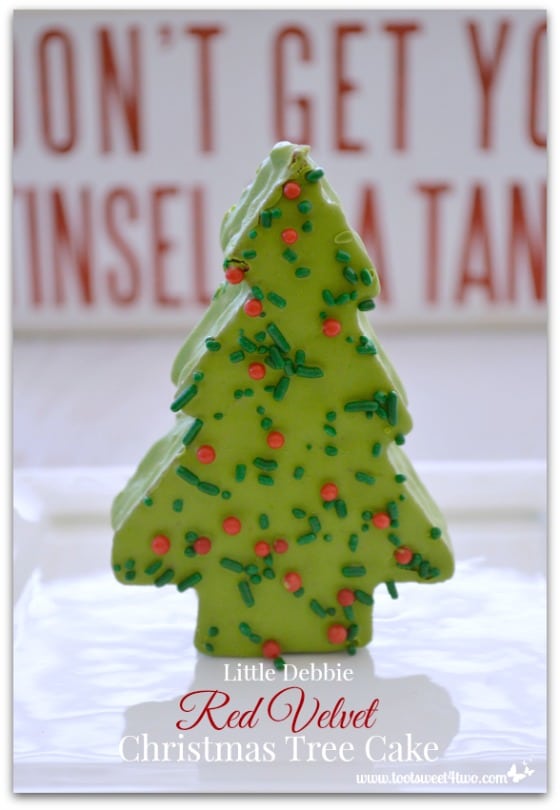 Little Debbie Red Velvet Christmas Tree Cake standing upright