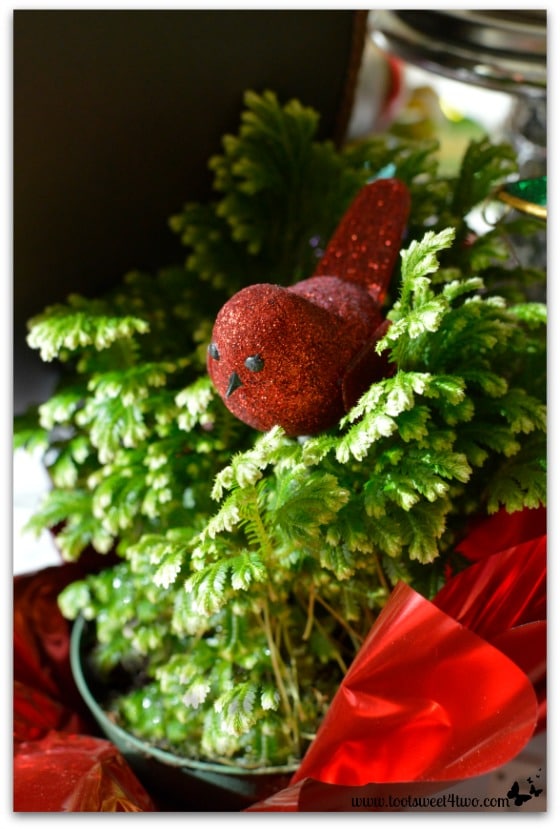 Red sparkle bird in fern on Christmas table