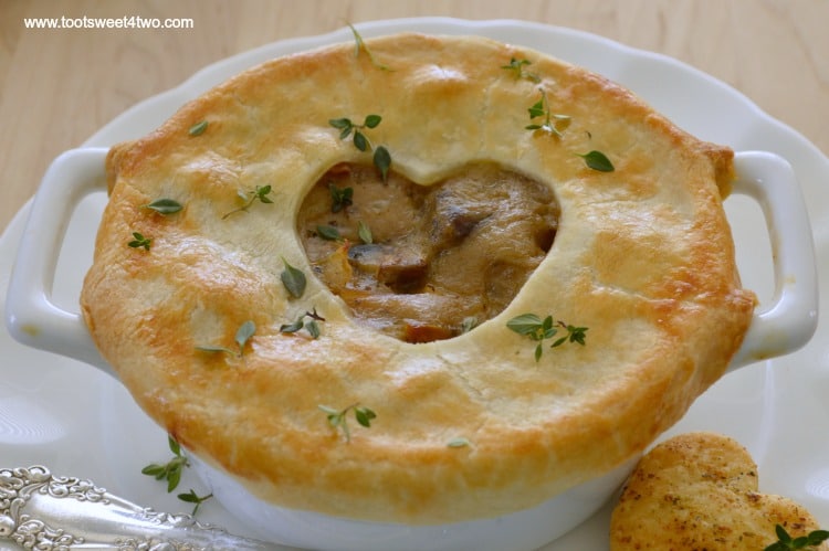 Sweetheart Steak and Potato Pot Pie close-up in an individual casserole dish.
