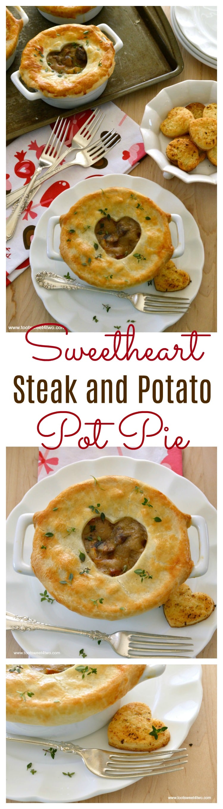 Sweetheart Steak and Potato Pot Pie in individual casserole dishes for Pinterest