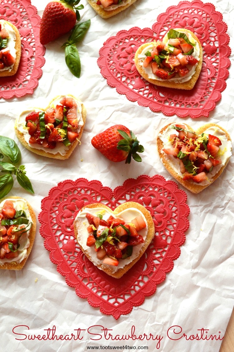 Sweetheart Strawberry Crostini is an easy and delicious appetizer that can be made in minutes. Make Valentine's Day special, just with a few key ingredients! | www.tootsweet4two.com