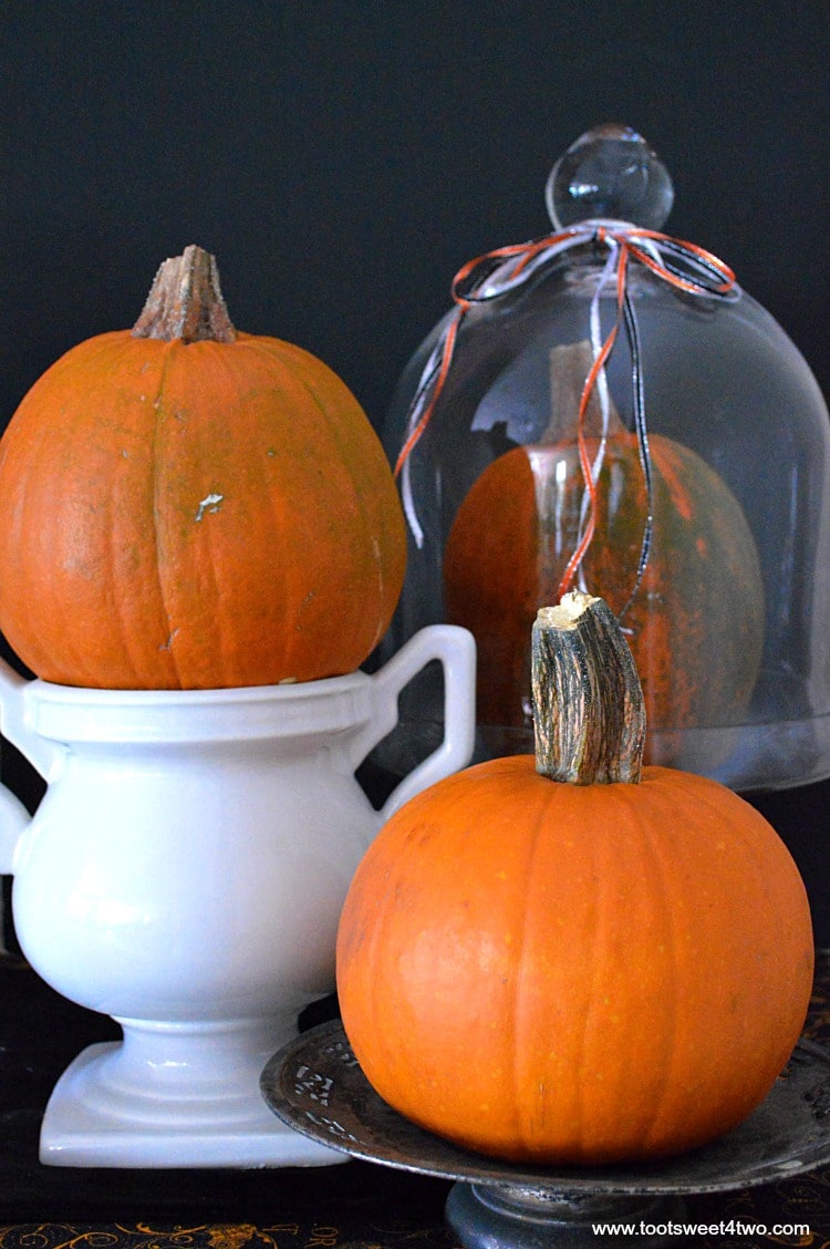 Pie pumpkins stacked on urn, silver pedestal and glass cloche