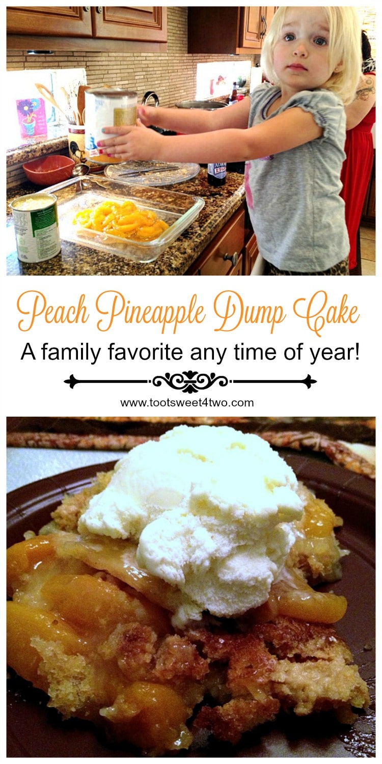 Pint-size helper making Peach Pineapple Dump Cake