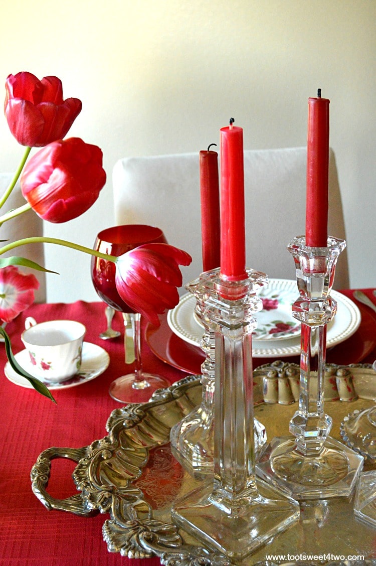 Red Candles on Silver Plater Centerpiece - A Valentine's Day Tea Party Tablescape